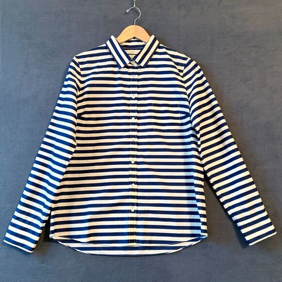 J Crew Navy/White Stripe Button Front Shirt Lightweight Boy Cut- Women's 12 - Picture 3 of 12
